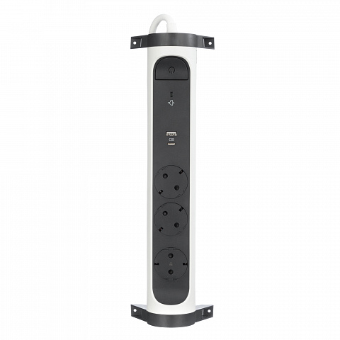 Legrand Revolution Комфорт Бело-черный Удлинитель 3x2К+З с 2xUSB A+C (3А), кабель 1,5м, плоские розетки, УЗИП с индикацией, фиксируемый поворотный бло