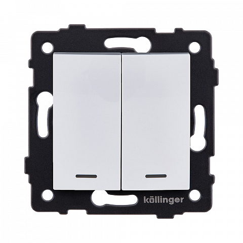 Выключатель 2-клавишный 10А/250В с LED подсветкой, изогнутый, белый Kollinger REA-R-008WH для Aspekt, Eleganz, Reflex