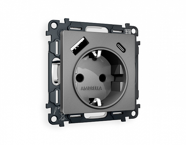 MA660010 Комплект механизма электрической розетки ALFA Антрацит серый 2USB A+C 20W (быстрая зарядка) с/з QUANT (AP6600, VM160)