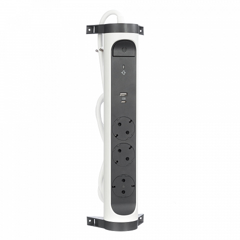Legrand Revolution Комфорт Бело-черный Удлинитель 3x2К+З с 2xUSB A+C (3А), кабель 1,5м, плоские розетки, УЗИП с индикацией, фиксируемый поворотный бло