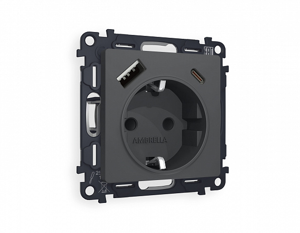 MA910010 Комплект механизма электрической розетки ALFA Графит мягкое касание 2USB A+C 20W (быстрая зарядка) с/з QUANT (AP9100, VM160)