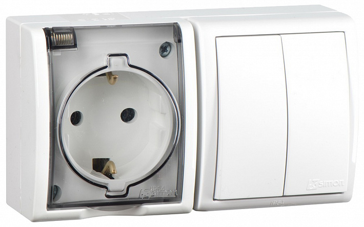 Simon 15 Aqua Белый Блок: Розетка 2P+E Schuko 16А 250В + выключатель двойной 10А 250В, IP54
