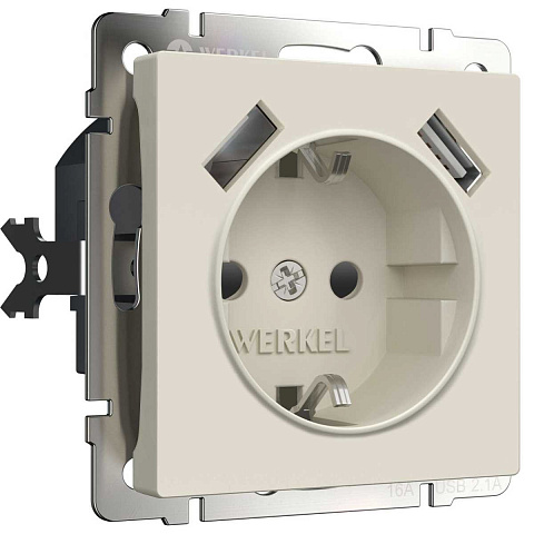 Розетка с заземлением, шторками и USBх2 Werkel айвори матовый W1171562 4690389192005