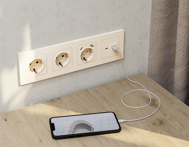 MA331010 Комплект механизма розетки ALFA Бежевый матовый 2USB A+C 20W (быстрая зарядка) QUANT (AP3310, VM177)