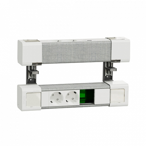 Schneider Electric US+ Блок на струбцинах Верх(2хРоз+2USB A/C) Низ(2хРоз+место д/RJ) БЕЛ/СЕР.ТКАНЬ