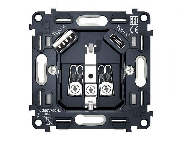 VM160 Механизм электрической розетки 2USB A+C 20W (быстрая зарядка) с/з на винтовых зажимах QUANT