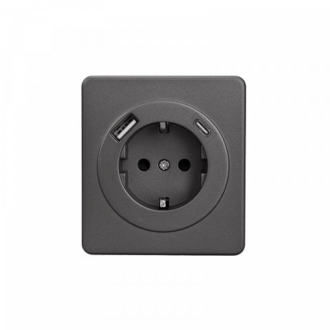 KRANZ ROUND Розетка 1-ая с/з с/у з/ш 16А с USB A+C быстрой зарядки 5В/3А титан, с 1-пост. рамкой
