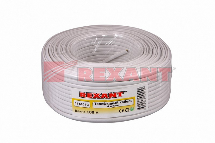 Кабель телефонный 4 жилы, 100 м., белый (CCA), (ШТЛП-4) Rexant
