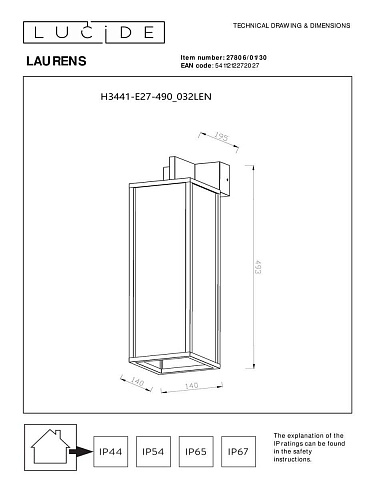 Уличный настенный светильник Lucide Laurens 27806/01/30