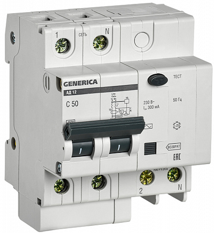 IEK GENERICA Диф. автомат АД12 2Р 50А 300мА