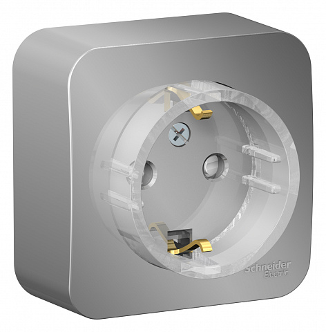 Systeme Electric Blanca наруж Алюминий Розетка с/з со шторками, (тонкая) 16А, 250В изолир. пластина