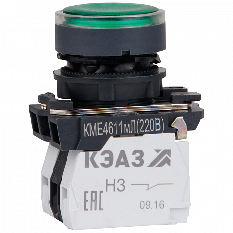 КЭАЗ Кнопка КМЕ4611мЛ-220В-зеленый-1но+1нз-цилиндр-индикатор-IP65