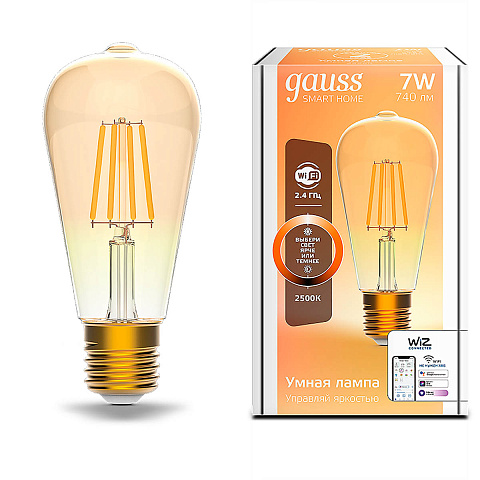 Лампа светодиодная диммируемая филаментная Gauss Smart Home Filament E27 7W 2500K золотистая 1290112