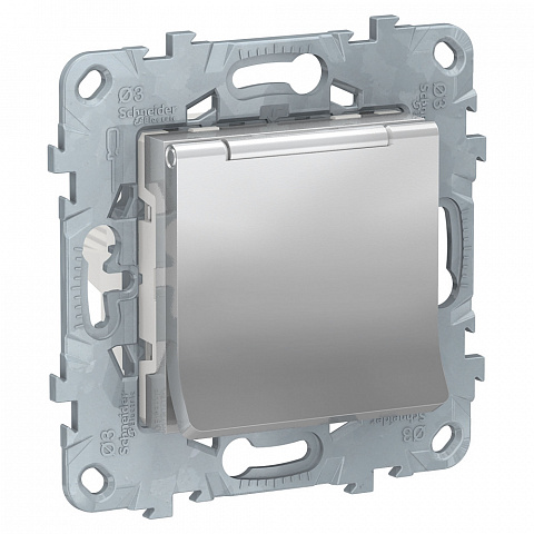 Schneider Electric Unica New Алюминий Розетка с/з со шторками, с крышкой, 16А, 250В, IP40
