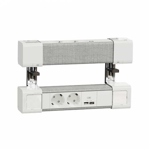 Schneider Electric Unica System+ Блок двойной на струбцинах 2х(2хРоз.+2хUSB A/C) БЕЛЫЙ/СЕРАЯ ТКАНЬ