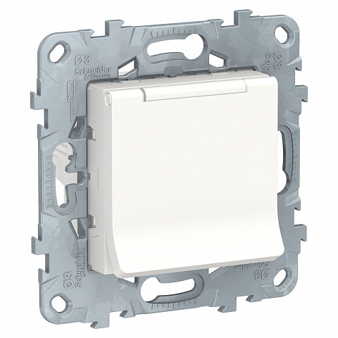 Schneider Electric Unica New Бел Розетка с/з со шторками, с крышкой, 16А, 250В, IP40