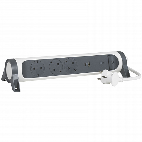 Legrand Revolution Комфорт Бело-черный Удлинитель 3x2К+З с 2xUSB A+C (3А), кабель 1,5м, плоские розетки, УЗИП с индикацией, фиксируемый поворотный бло