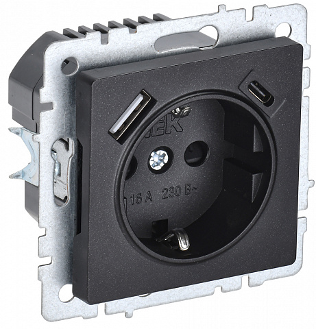 IEK BRITE BASE Черный Розетка с з/к/ш 16А с USB A+C 18Вт РЮш11-1-БрЧ