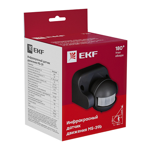 EKF PROxima ИК датчик движения наст. 1200Вт 180гр. до 12м IP44 MS-39b черный