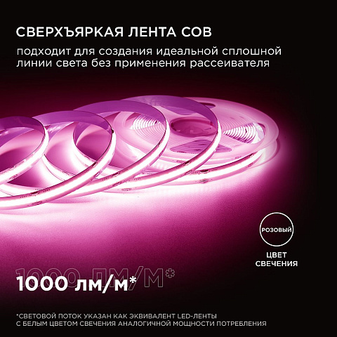 Светодиодная лента Apeyron 11W/m 352LED/m COB розовый 2M 181ОО