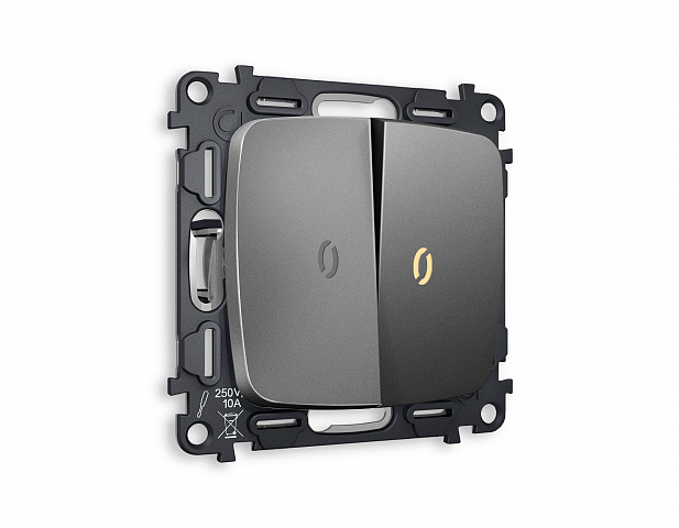 MO654010 Комплект механизма 2-кл выключателя с подсветкой 3200K OMEGA Антрацит серый QUANT (OP6540, VM115, G11Y)