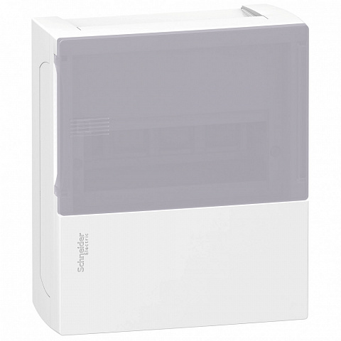 Schneider Electric RESI9 MP (Mini Pragma) Бокс навесной с дымчатой дверью 1 ряд/8 модулей, IP40, IK07, 63А, 2 клеммы, Италия
