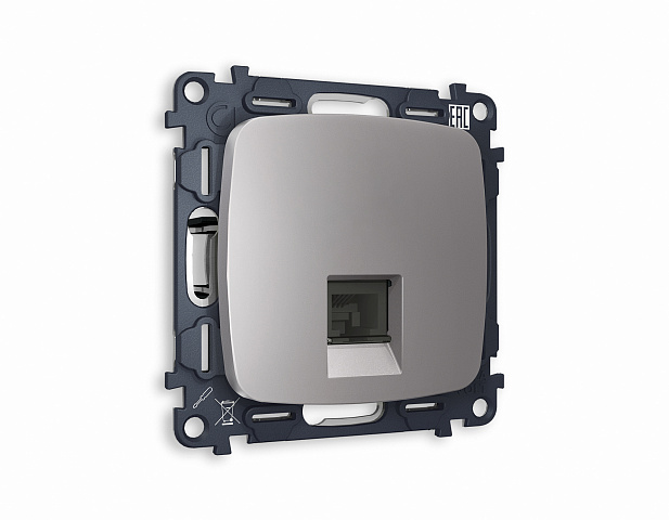 MO512030 Комплект механизма телефонной розетки OMEGA Сталь матовый RJ-11(4P4C) с шторкой QUANT (OP5120, VM190)