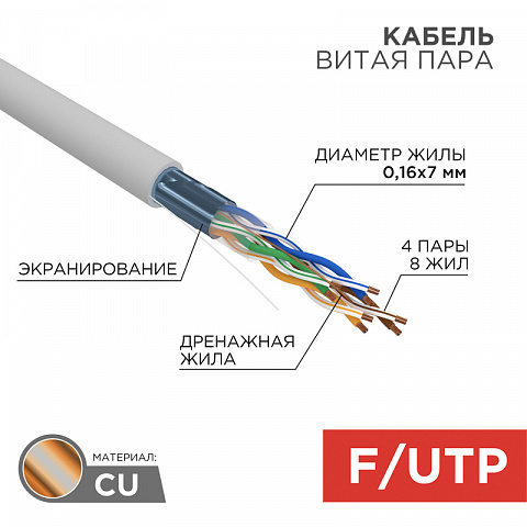 Кабель FTP 4PR 24AWG CAT5e 305м STRANDED Rexant