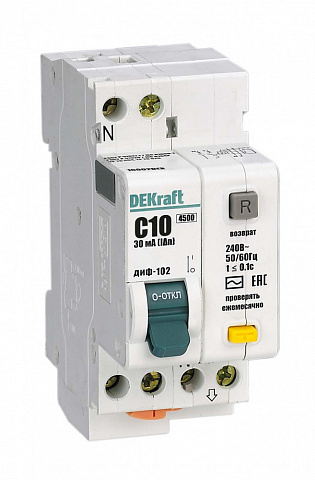 Dekraft АВДТ 1Р+N 10А 30мА тип AC х-ка С ДИФ-102 нов. 4,5кА