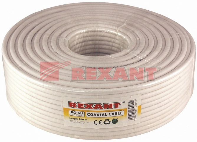 Кабель коаксиальный RG-6U+CU, (75%), 75 Ом, (бух100) белый Rexant
